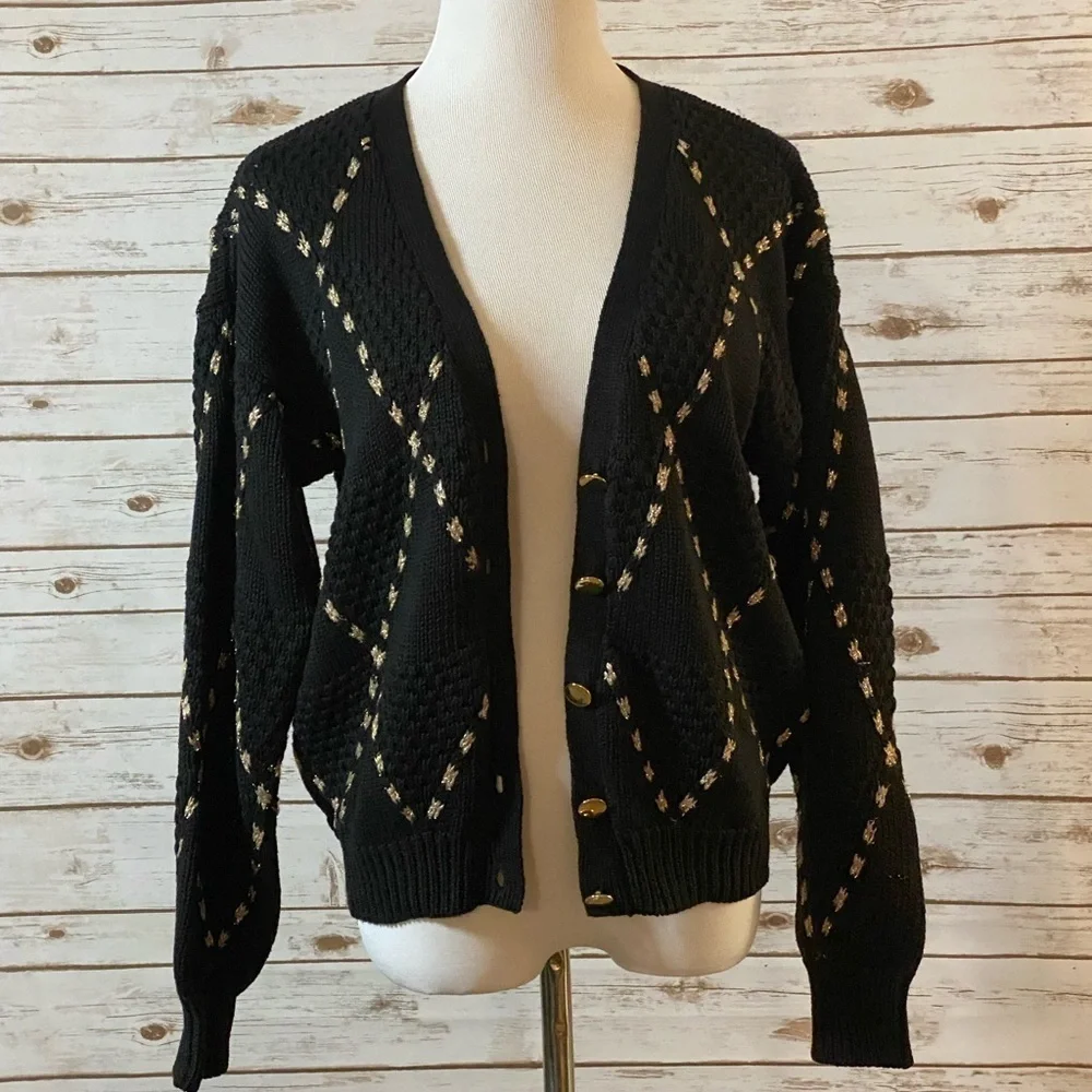 Vintage Chinawear black/gold geometric 1990s V-neck cardigan sweater Size Large